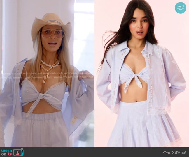 LoveShackFancy Arvine Cotton Pinstripe Bra Top in Sky Lagoon worn by Dorit Kemsley on The Real Housewives of Beverly Hills
