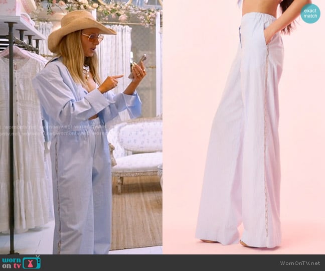 LoveShackFancy Helia Cotton Pinstripe Wide-Leg Pants in Sky Lagoon worn by Dorit Kemsley on The Real Housewives of Beverly Hills