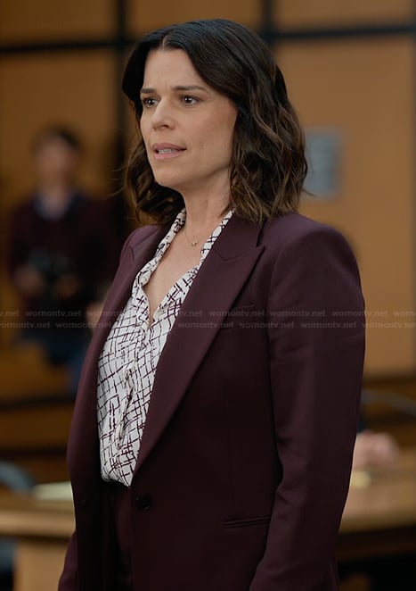 Maggie’s burgundy suit and printed blouse on The Lincoln Lawyer