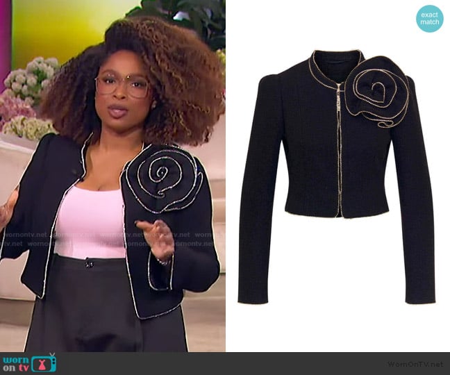 Maison Common Short boucle jacket with flower detail worn by Jennifer Hudson on The Jennifer Hudson Show
