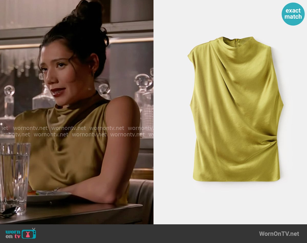 Mango Satin blouse with draped neck worn by Violet Mikami (Hanako Greensmith) on Chicago Fire