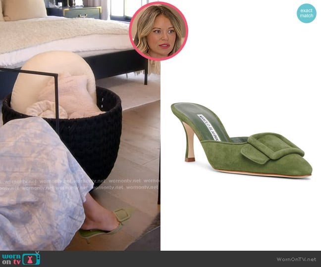 Manolo Blahnik Maysale Suede Buckle Stiletto Mules worn by Amanda Frances on The Real Housewives of Beverly Hills
