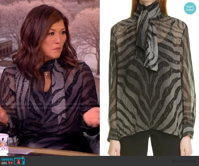 Max Mara Tritone Animal Print Tie Neck Silk Zebra Scarfneck Blouse worn by Juju Chang on The View