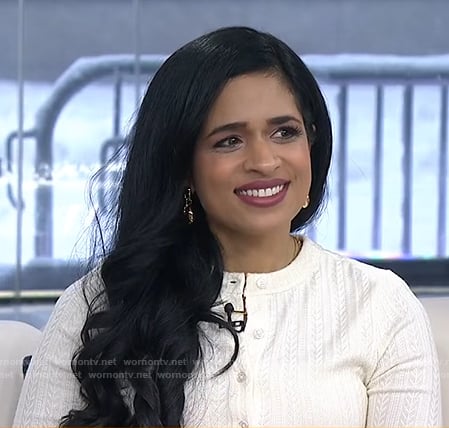 Maya Shankar’s white pointelle cardigan on Today