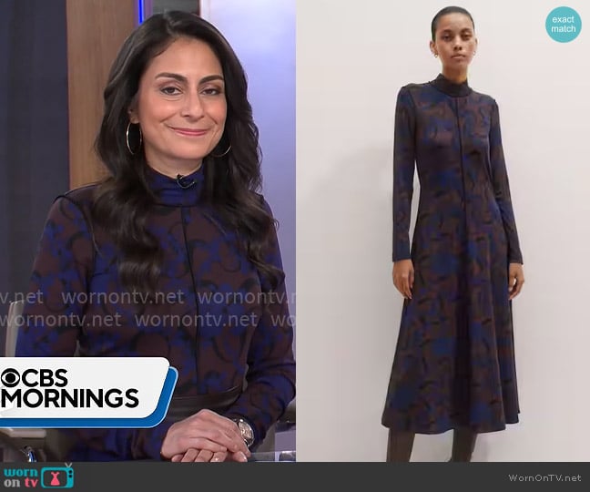 Me + Em High Neck Maxi Dress in Blue Multi worn by Dr. Celine Gounder on CBS Mornings