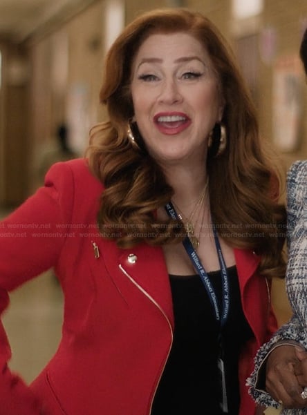 Melissa’s red moto jacket on Abbott Elementary