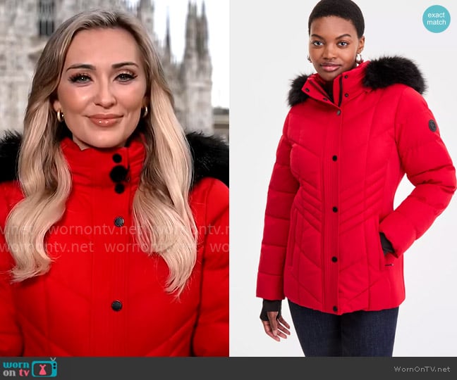 MICHAEL Michael Kors Faux-Fur-Trim Hooded Puffer Coat in Crimson worn by Kelly O'Grady on CBS Mornings
