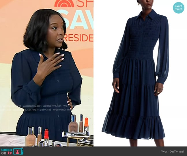 MICHAEL Michael Kors Smocked Shirtdress in Midnight Blue worn by Makho Ndlovu on Today