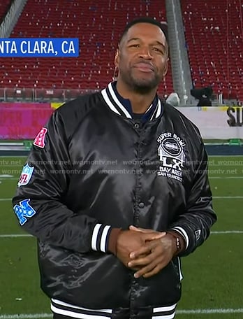Michael Strahan’s black varsity jacket on Good Morning America