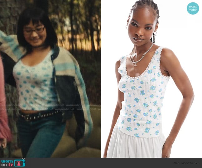 Monki Pointelle scoop neck vest top with lace trim worn by Helen Wang (Tiffany Ho) on His & Hers