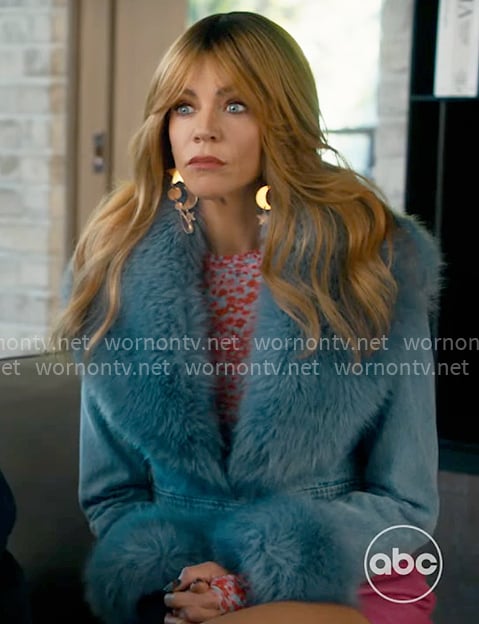 Morgan's pink and blue printed mesh top and pink leather shorts on High Potential