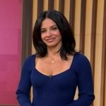 Dr. Tara Narula’s navy ribbed sweetheart neck dress on Good Morning America