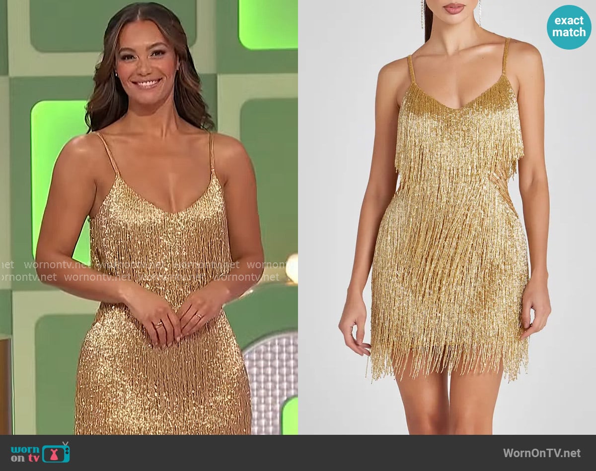 Nadine Merabi Tammy Gold Beaded Fringe Cocktail Minidress worn by Alexis Gaube on The Price is Right