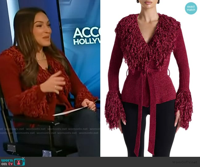 Naked Wardrobe Fringe Tie Waist Chenille Cardigan worn by Emily Orozco on Access Hollywood