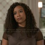 Naomi’s brown suede wrap top on Beyond the Gates