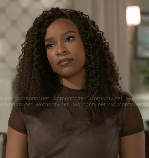 Naomi’s brown suede wrap top on Beyond the Gates