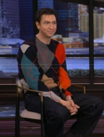 Nicholas Braun’s argyle print sweater on Live with Kelly and Mark