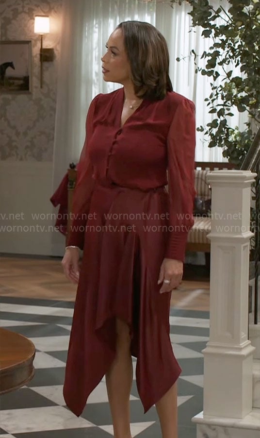 Nicole's dark red v-neck blouse on Beyond the Gates