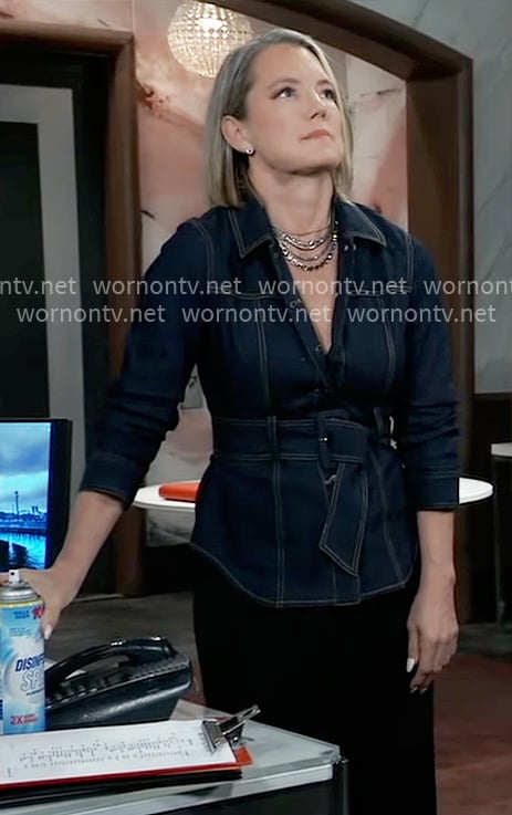 Nina’s denim belted jacket on General Hospital