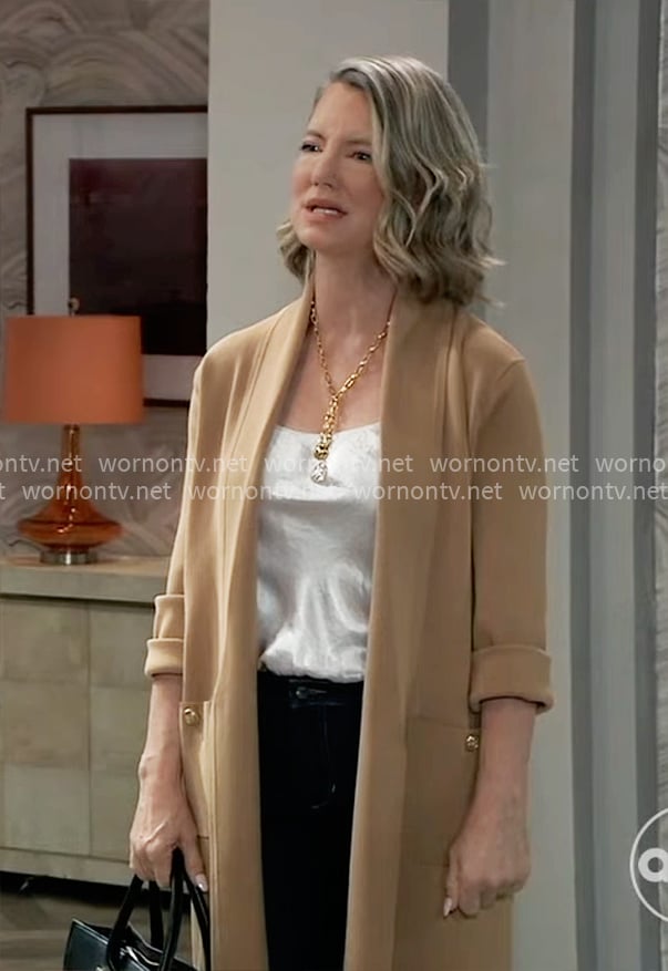 Nina’s long camel cardigan on General Hospital