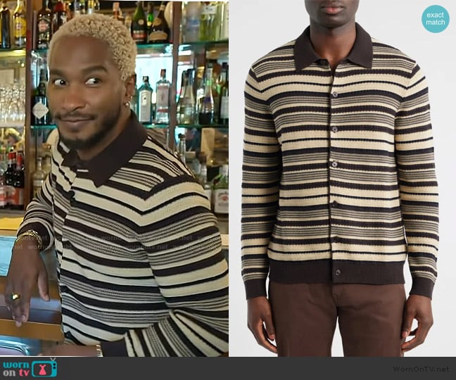 NN07 Nolan 6686 Stripe Organic Cotton Polo Cardigan worn by Scott Evans on Access Hollywood