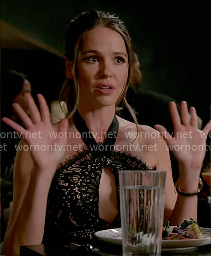 Novak's black lace halter neck jumpsuit on Chicago Fire