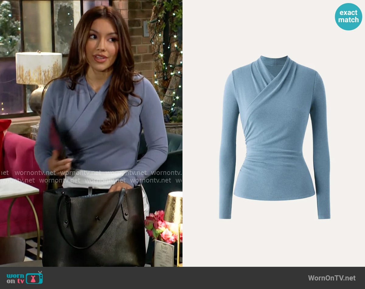 OGV Surplice Long Sleeve Top in Dusk Blue worn by Audra Charles (Zuleyka Silver) on The Young and the Restless