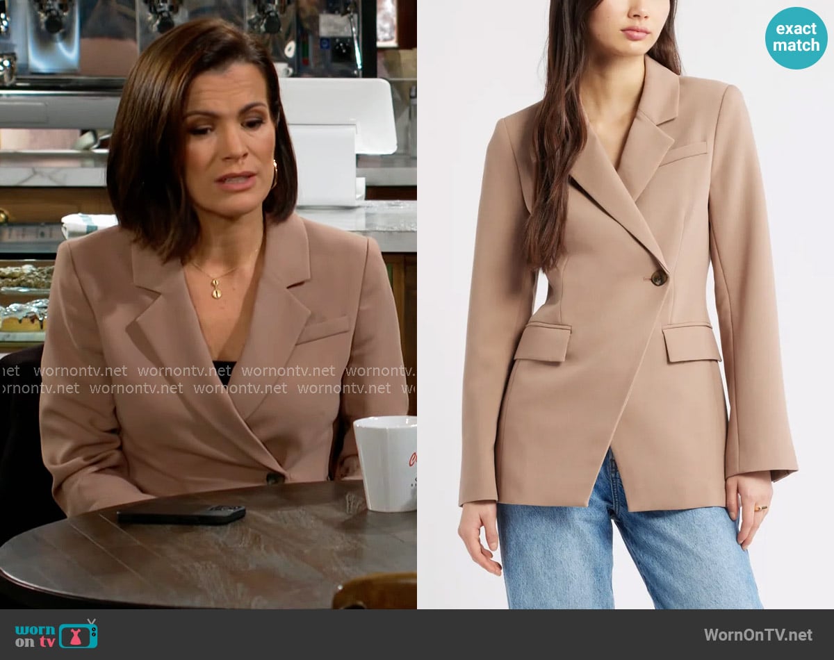 Open Edit The Icon Asymmetric Fitted Blazer in Tan Portabella worn by Chelsea Lawson (Melissa Claire Egan) on The Young and the Restless