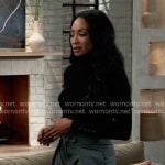 Jordan’s black turtleneck and grey plated pants on General Hospital