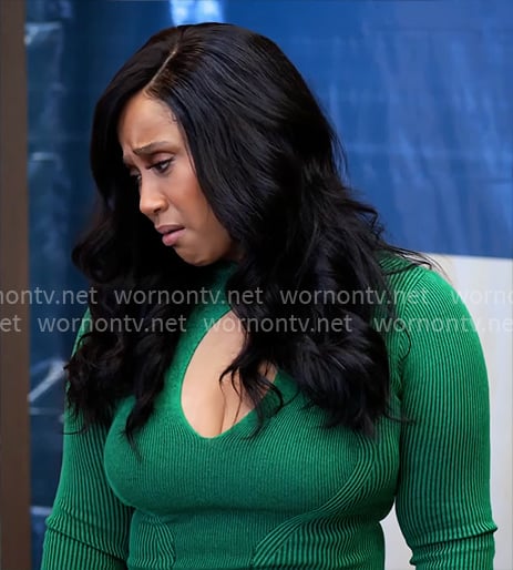 Pam's green rib knit dress with keyhole cutout on Tyler Perrys Sistas