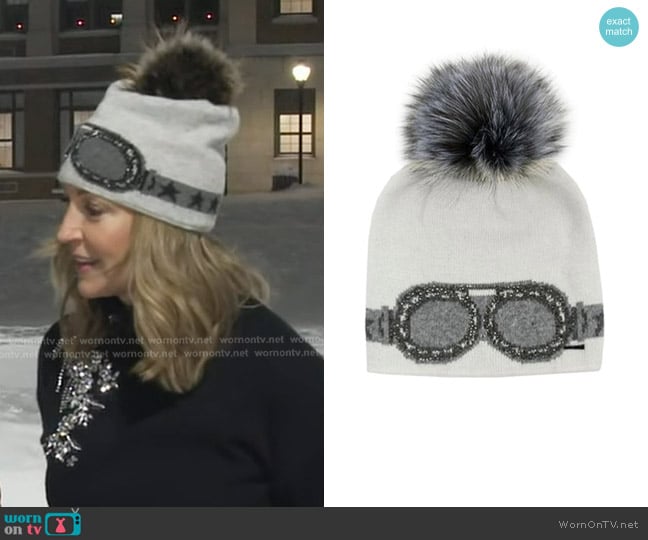 Peter Glenn Goggles Hat with Real Fur Pom worn by Lara Spencer on Good Morning America
