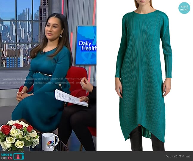 Pleats Please Issey Miyake Monthly Colors October Midi-Dress in Turquoise Green worn by Morgan Radford on NBC News Daily