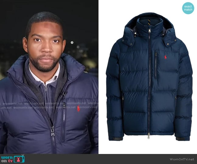 Polo Ralph Lauren Gorham Down Jacket with Removable Hood in Collection Navy worn by Shaquille Brewster on NBC News Daily