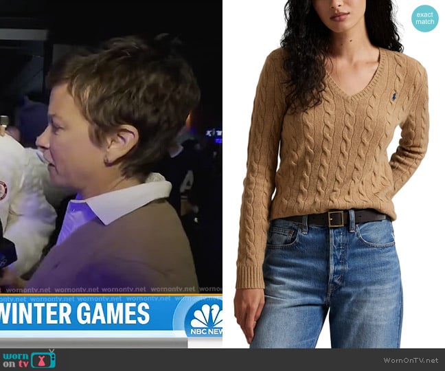 Polo Ralph Lauren Kimberly Cable Wool & Cashmere V-Neck Sweater worn by Stephanie Gosk on Today