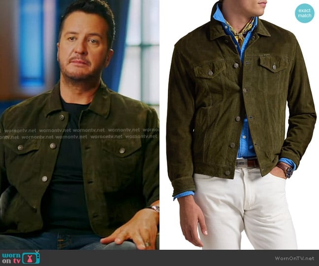 Polo Ralph Lauren Suede Trucker Jacket in Company Olive worn by Luke Bryan on American Idol