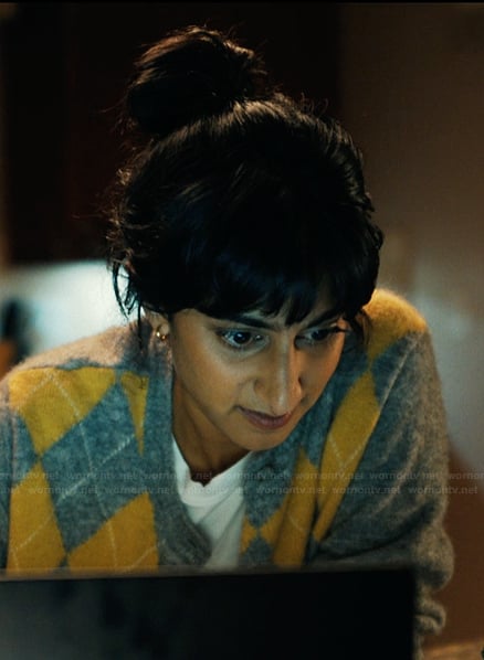 Priya's argyle knit cardigan on His & Hers