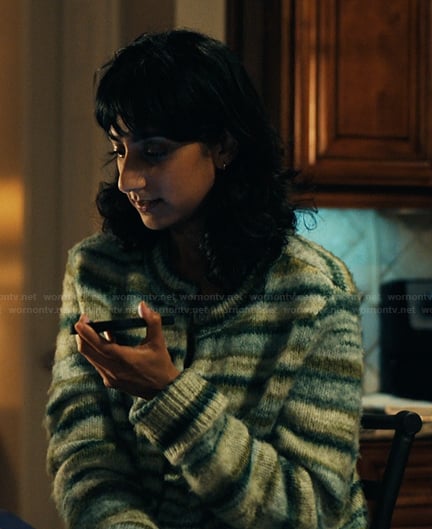 Priya's green stripe cardigan on His & Hers