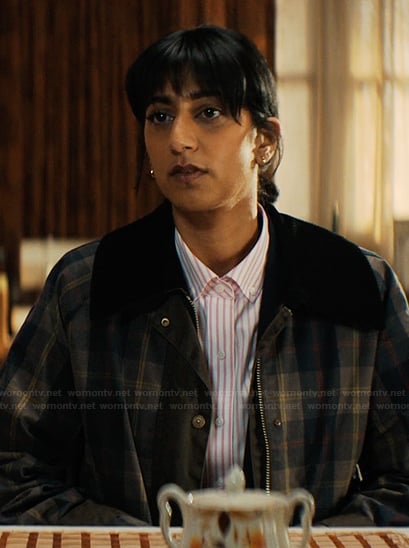 Priya's plaid jacket on His & Hers
