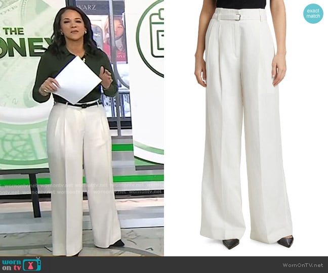 Proenza Schouler Jules Belted Linen-Blend Flared Pants in Off Whtie worn by Laura Jarrett on Today