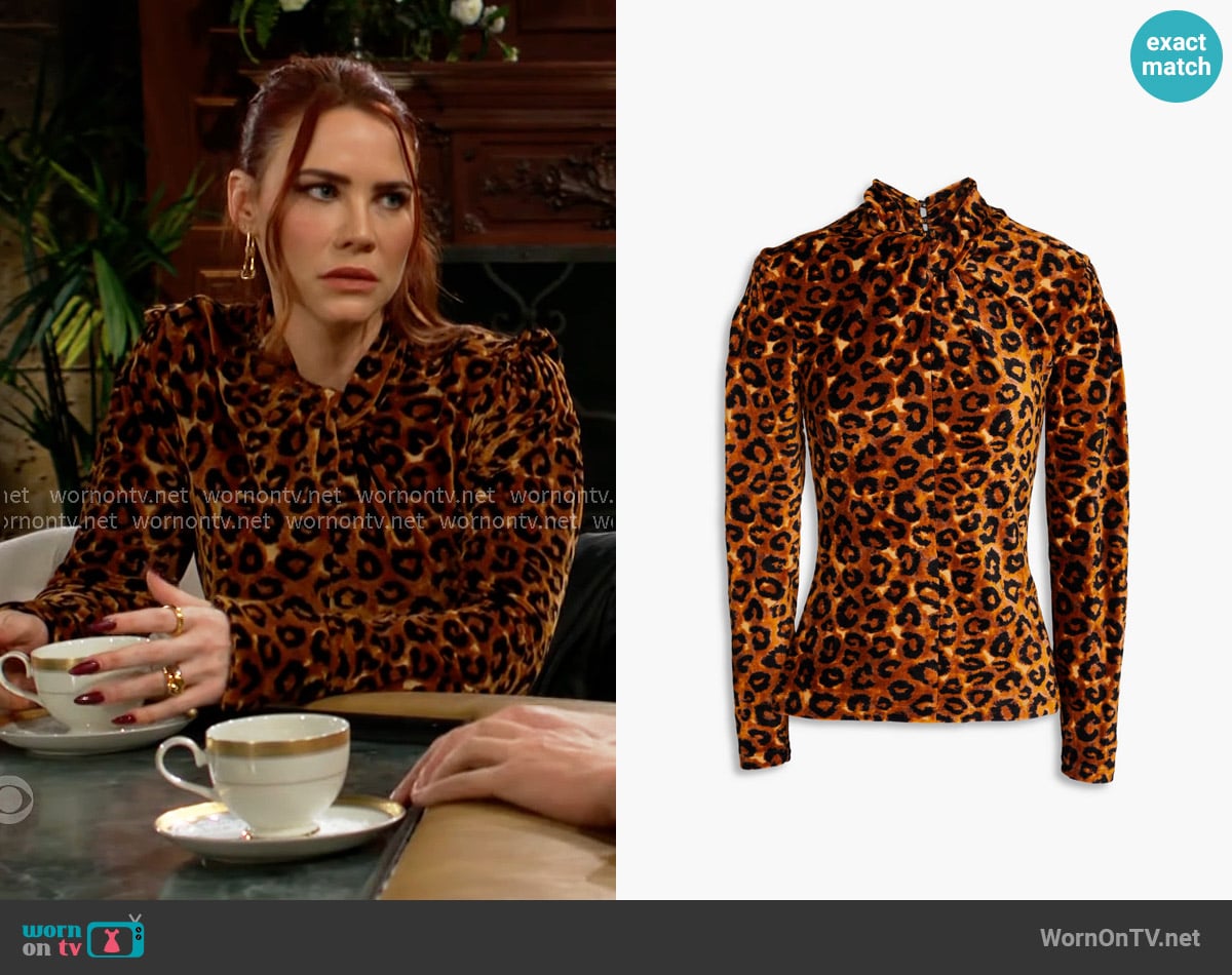 Rabanne Burnout leopard-print velvet turtleneck top worn by Sally Spectra (Courtney Hope) on The Young and the Restless