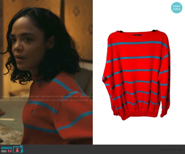 Ralph Lauren Striped Red Cotton Crewneck Sweater worn by Anna Andrews (Tessa Thompson) on His & Hers