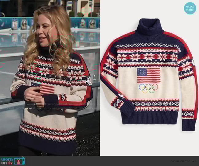Ralph Lauren Team USA Opening Ceremony Sweater worn by Tara Lipinski on Access Hollywood