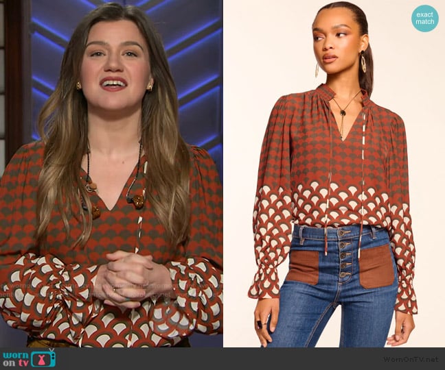 Kelly’s printed tie neck blouse on The Kelly Clarkson Show