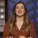 Kelly's printed tie neck blouse on The Kelly Clarkson Show
