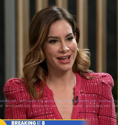 Rebecca's pink v-neck plaid cardigan on Good Morning America