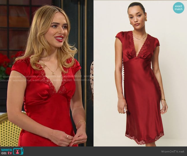 Reformation Florence Silk Dress in Sangre worn by Holly Jonas (Ashley Puzemis) on Days of our Lives