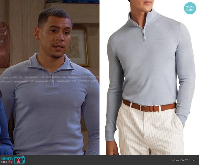 Reiss Blackhall Merino Wool Quarter Zip Pullover in Soft Blue worn by Theo (Tyler Andrews) on Days of our Lives
