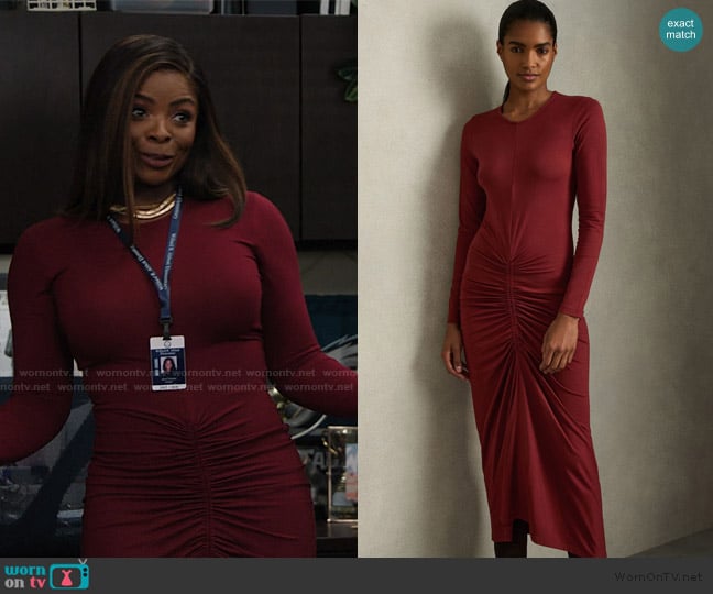Reiss Ginny Ruched Bodycon Midi Dress worn by Ava Coleman (Janelle James) on Abbott Elementary