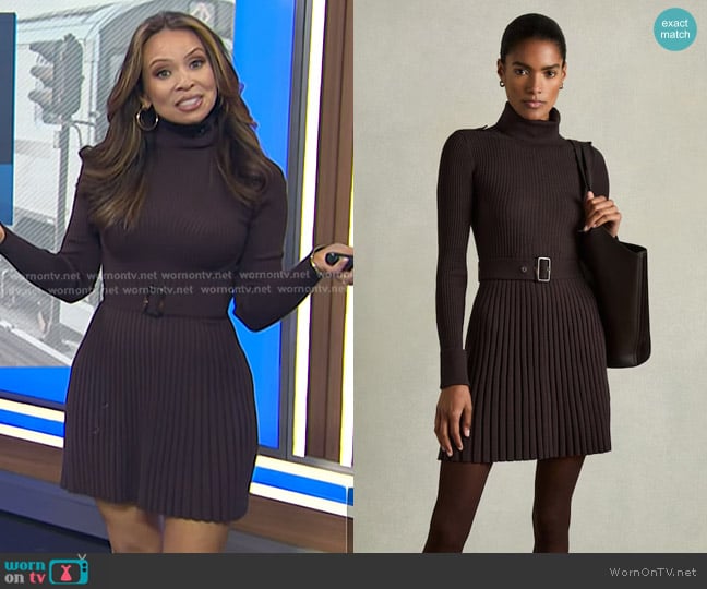 Reiss Vinnie Roll-Neck Ribbed Mini Dress in Brown worn by Adelle Caballero on Today