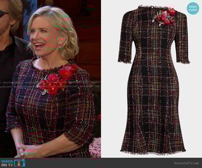 Rickie Freeman for Teri Jon Beaded Floral Applique Tweed Dress worn by Kayla Brady (Mary Beth Evans) on Days of our Lives